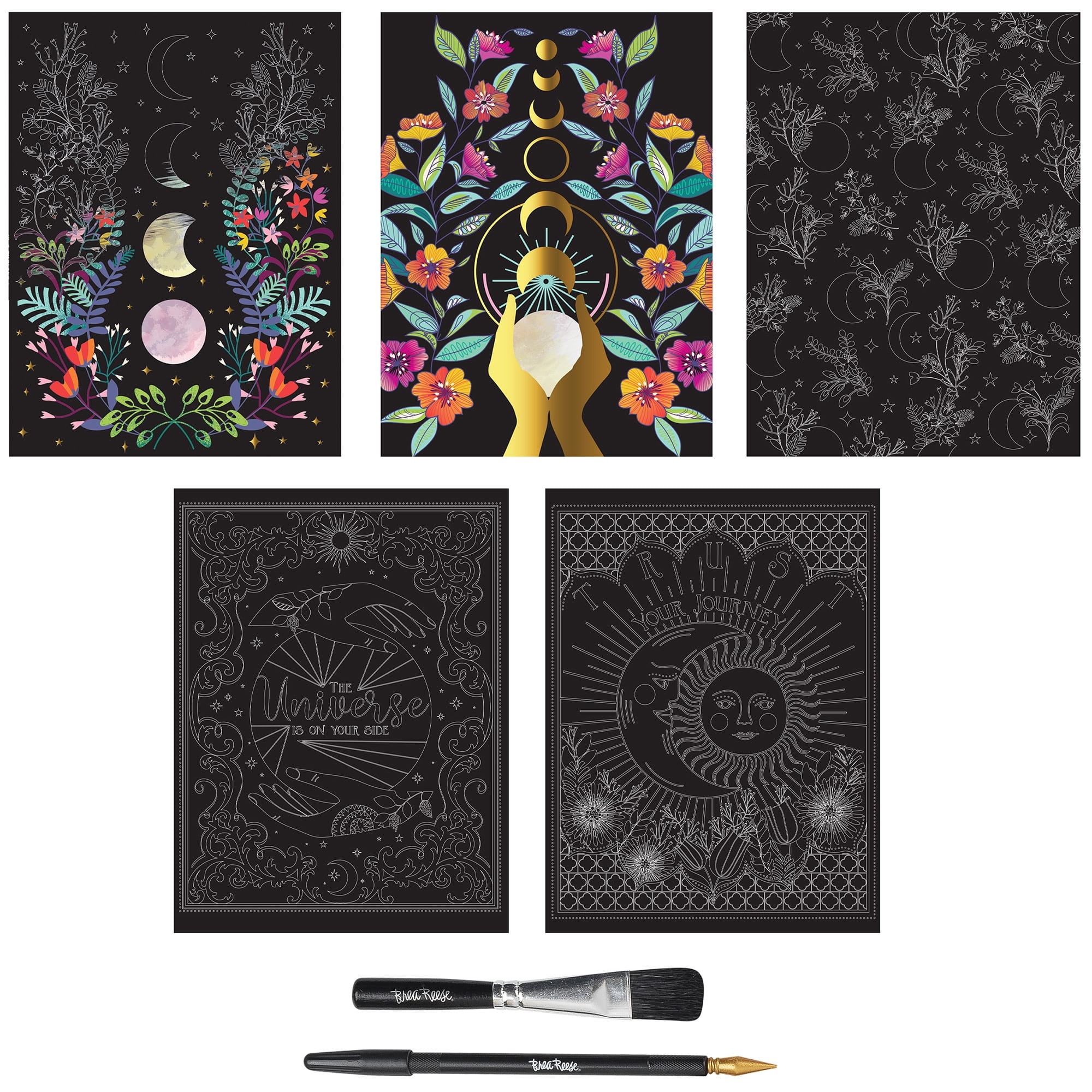 Brea Reese: Scratch Art Paper Pad - Spring Celestial - 5 Nature Designs, Metallic Foil, Dual-Tip Stylus & Brush, Easy-to-Frame 9x12 Pages, Adult Craft
