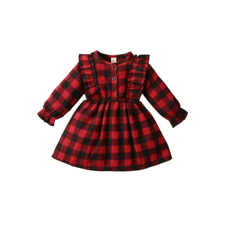 

Christmas Toddler Baby Girl Plaid Dress Ruffle Long Sleeve Princess Dress Infant Fall Casual Clothes