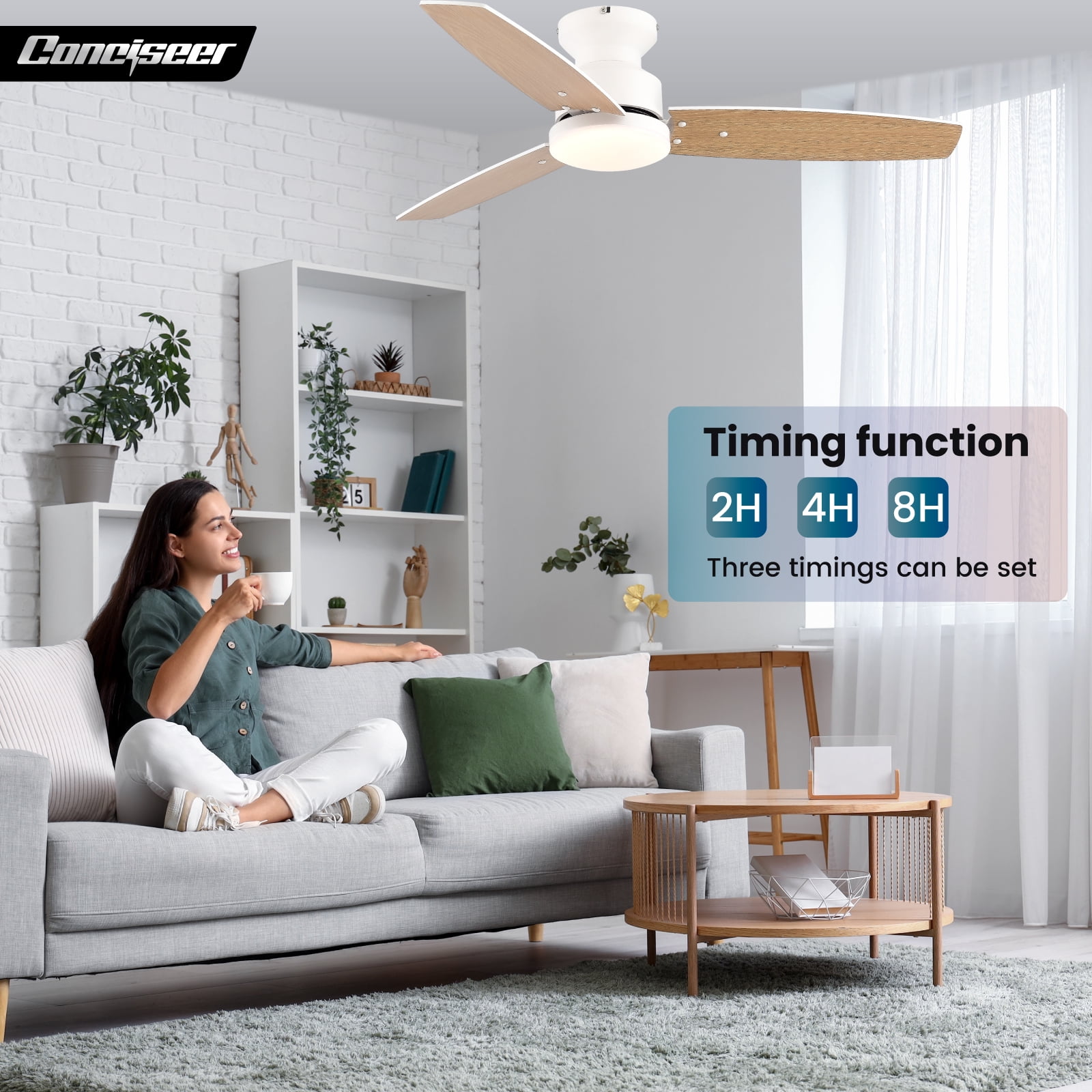 Conciseer 42 Inch Ceiling Fan with Light and Remote, Bedroom Living Room Office Outdoor, Flush Mount, 6CCT Dimmable, 3 Blades 6 Speed Reversible Quiet DC Motor, White/Wood Gr