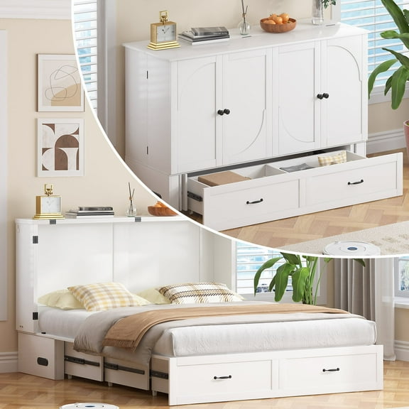 Puremind Queen Size Murphy Bed with Mattress and Charging Station, Cabinet Bed with Storage Drawer, Murphy Bed Furniture for Bedroom/Office/Guest Room, White