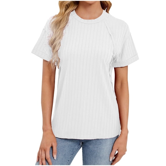 biudgviw Tops for Women Trendy Crew Neck Solid Color Shirts Short Sleeves Loose Fit Ribbed Knitted Tee Soft Light Summer Clothes