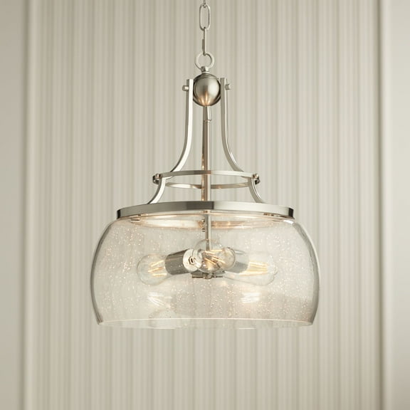 Franklin Iron Works Charleston Satin Nickel Pendant Chandelier 16" Wide Modern Seeded Clear Glass 3-Light LED Fixture for Dining Room Kitchen Island
