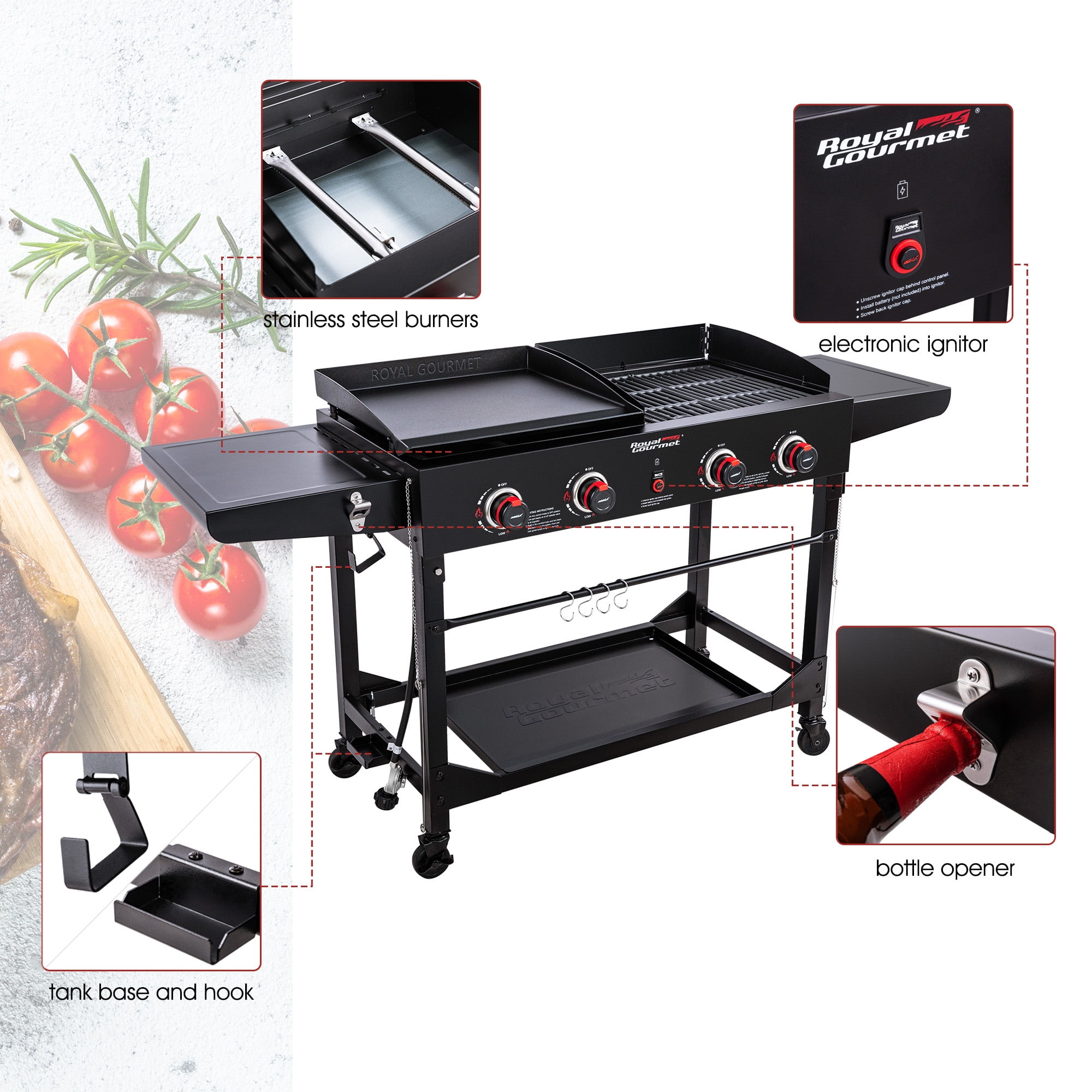  Royal Gourmet GD402 4-Burner Portable Flat Top Gas Grill and  Griddle Combo with Folding Legs, 48,000 BTU, Black : Patio, Lawn & Garden