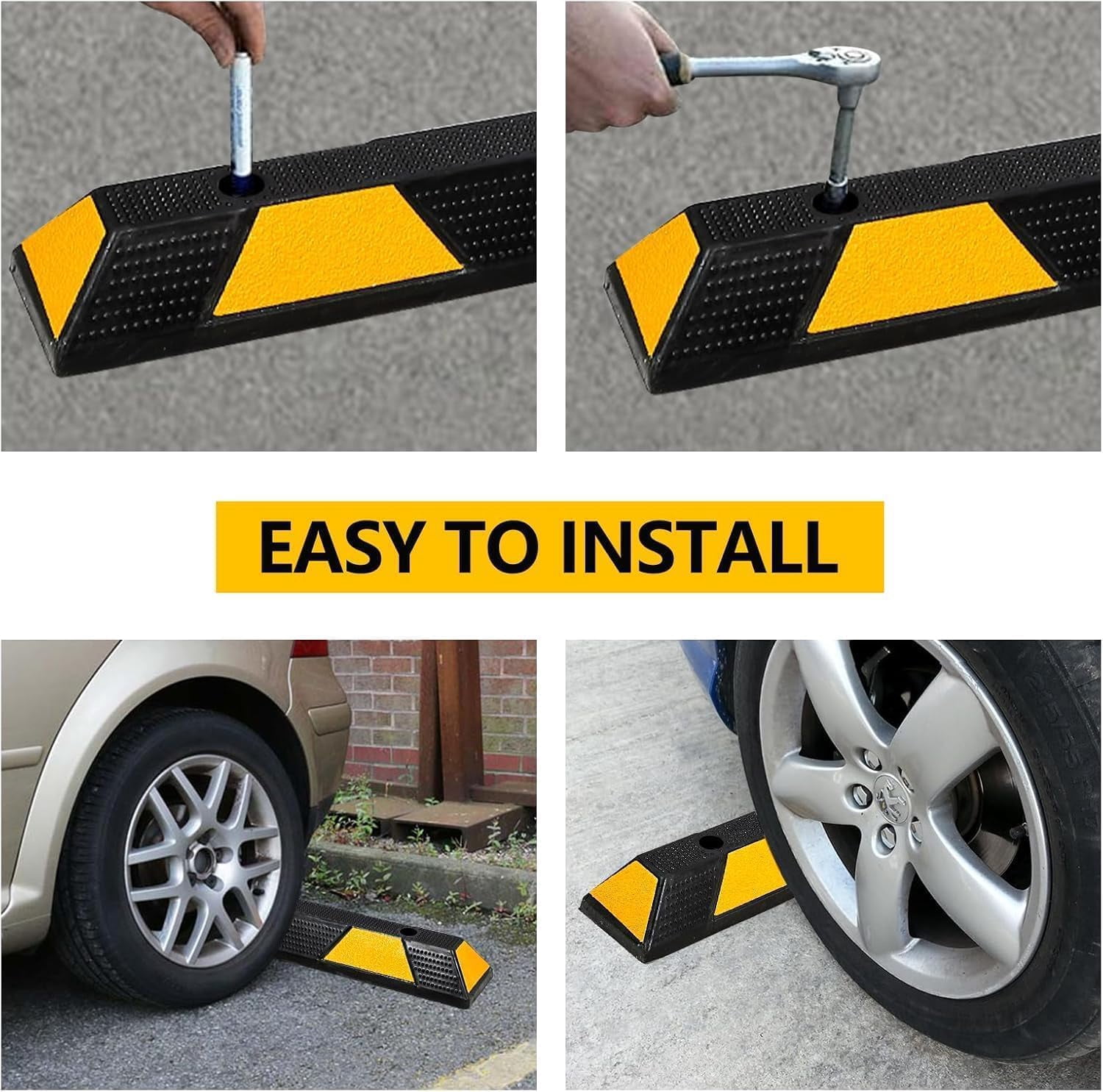 Wisykoke 1 Pack 6ft Curb Parking Garage Floor Stopper, 72 Inch Heavy Duty Rubber Parking Curb with Yellow Reflective Stripes, Rubber Parking Lot Stopper for Vehicles Truck Driveway