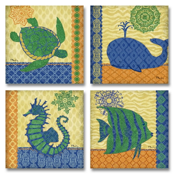 4 Lovely Blue and Green Seahorse Whale Fish and Turtle Poster Prints; Four 12X12 Poster Prints