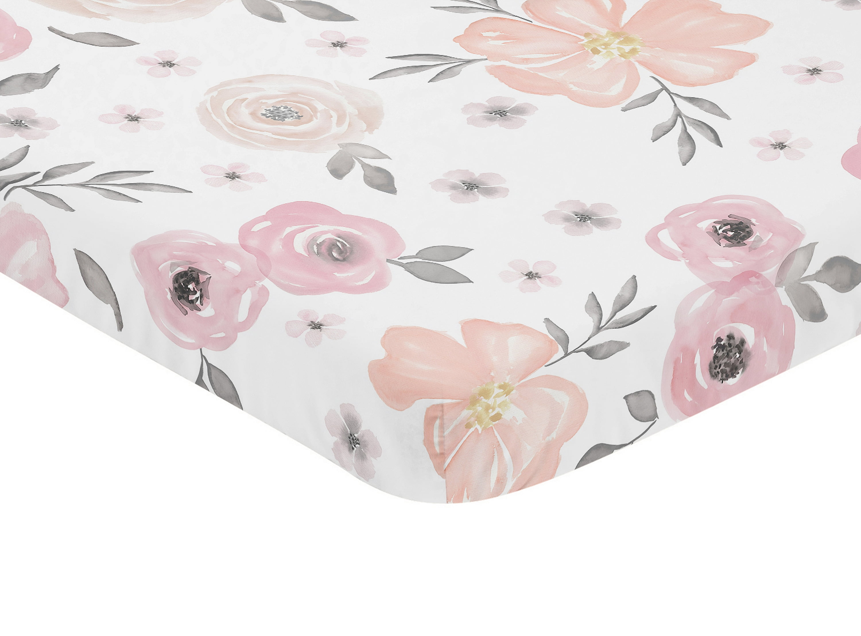 Pink and Grey Baby Fitted Mini Portable Crib Sheet Watercolor Floral Collection by Sweet Jojo Designs