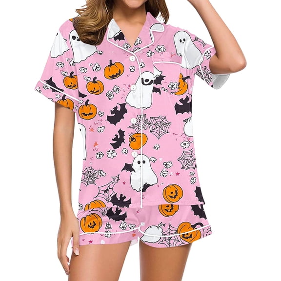 Virmaxy Pajamas for Women Set Pink Halloween Sleepwear Set with Ghosts Pumpkins and Spiderweb Print Short Sleeve Notch Collar Silky Lounge Shorts