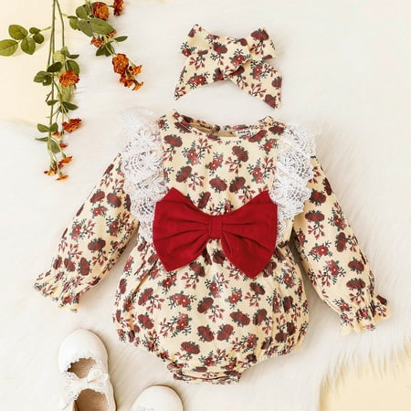 

NIUREDLTD Girls Long Sleeve Floral Prints Bowknot Romper Ruffles Bodysuits Headbands Set
