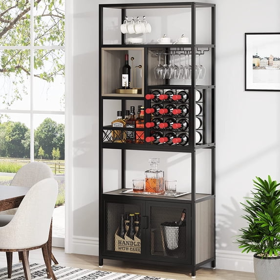 Tribesigns 78.7" Tall Wine Rack Freestanding Floor, Metal Wine Shelf with Cabinet Storage, Hanging 12 Wine Bottles and 9 Glasses Holder Liquor Cabinet Bar for Home