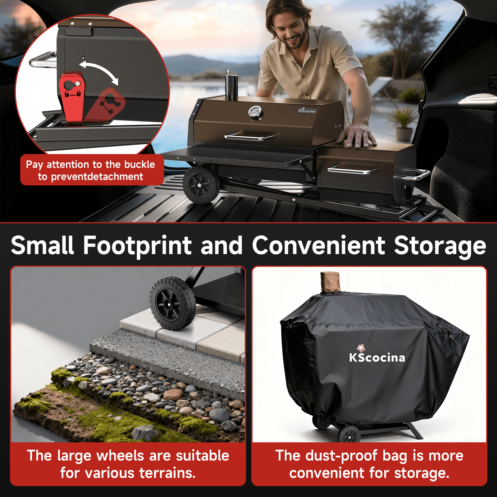 KScocina Barrel Charcoal Grill with Offset Smoker, 2-in-1 Foldable Suitcase BBQ Combo, 600 sq. in. with Waterproof Cover, for Outdoor Grilling and Backyard Cooking,Brown