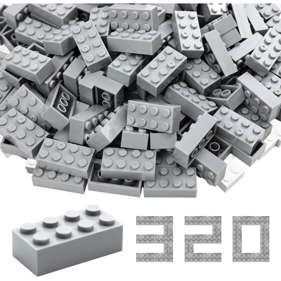 Building Bricks 2x4 Stud 320 Pcs, Grey, Classic Building Blocks Set, Compatible with Construction Building Blocks.