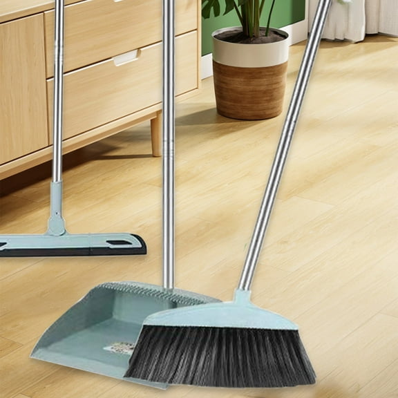 Long Handle Brooms & Dustpan Set | 3-Piece Blue Plastic Combo | Stand-Up Windproof Dustpan with Comb Teeth & Rubber Lip | 87cm Broomsstick for Home Kitchen Office Cleaning (34.25")