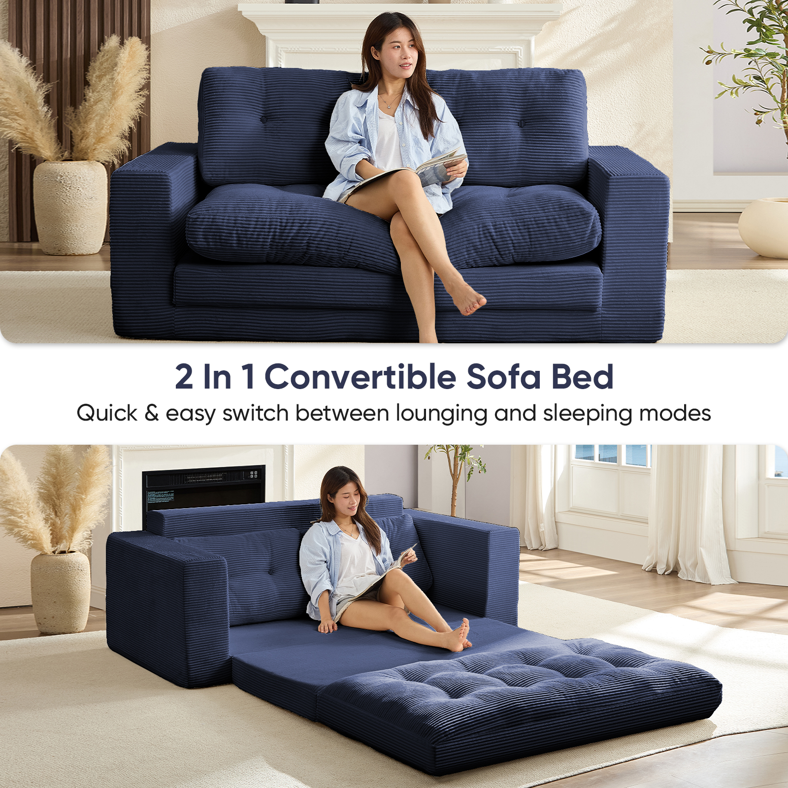 ZAFLY 2 in 1 Convertible Loveseat, Futon Sleeper Sofa Bed, Floor Couch for Small Space - Blue