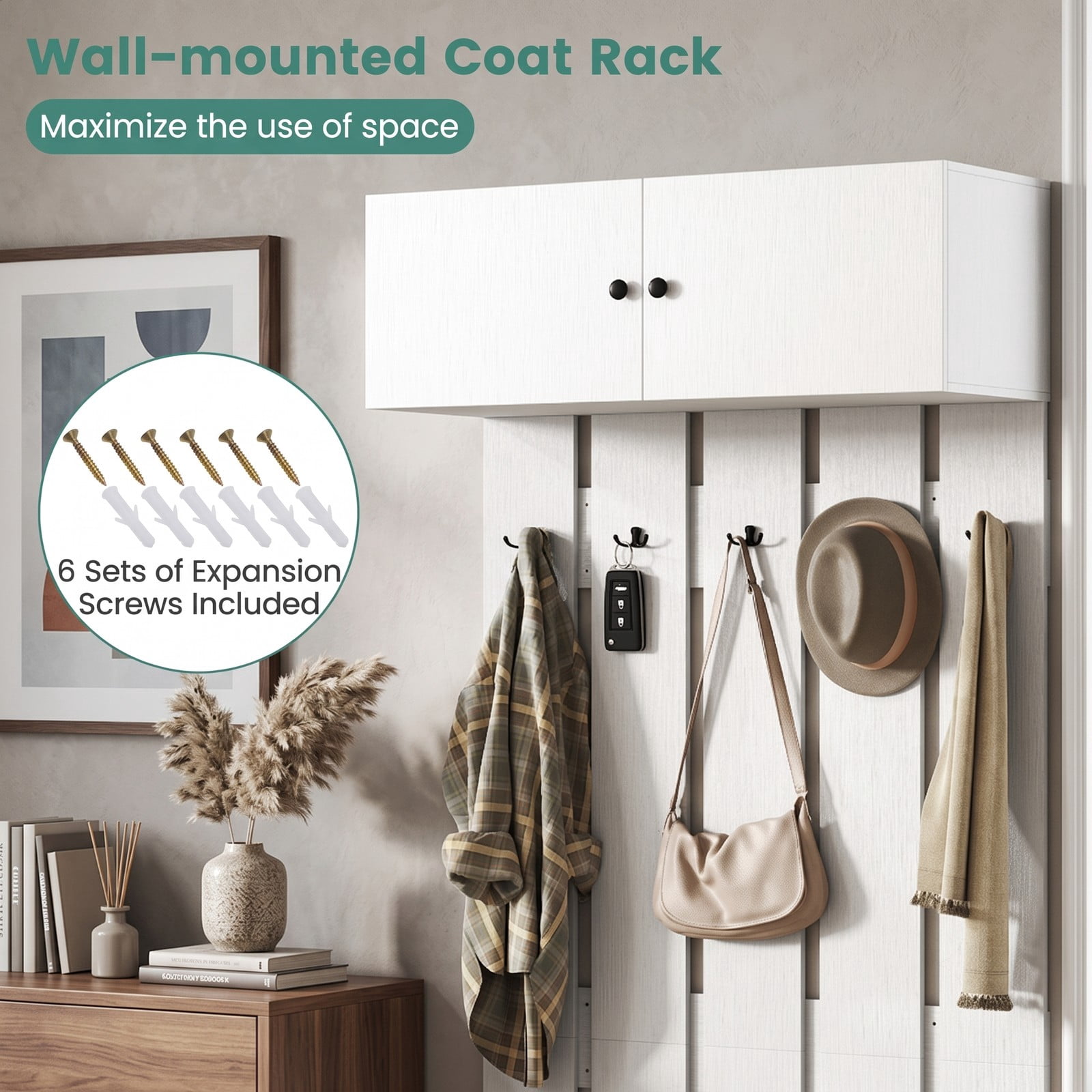 Furnibear Wall Mounted Coat Rack with Upper Storage Cabinet and 5 Metal Hooks for Entryway Kitchen and Living Room, White