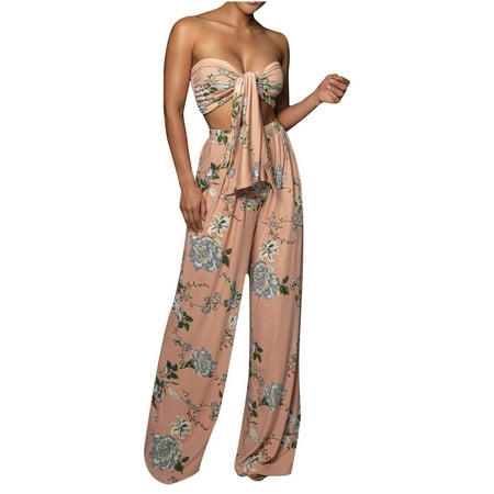 

Ziloco Women Casual Two-Piece Suit Of Floral Print Strapless Tube Top And Trousers black pants for women Pink S