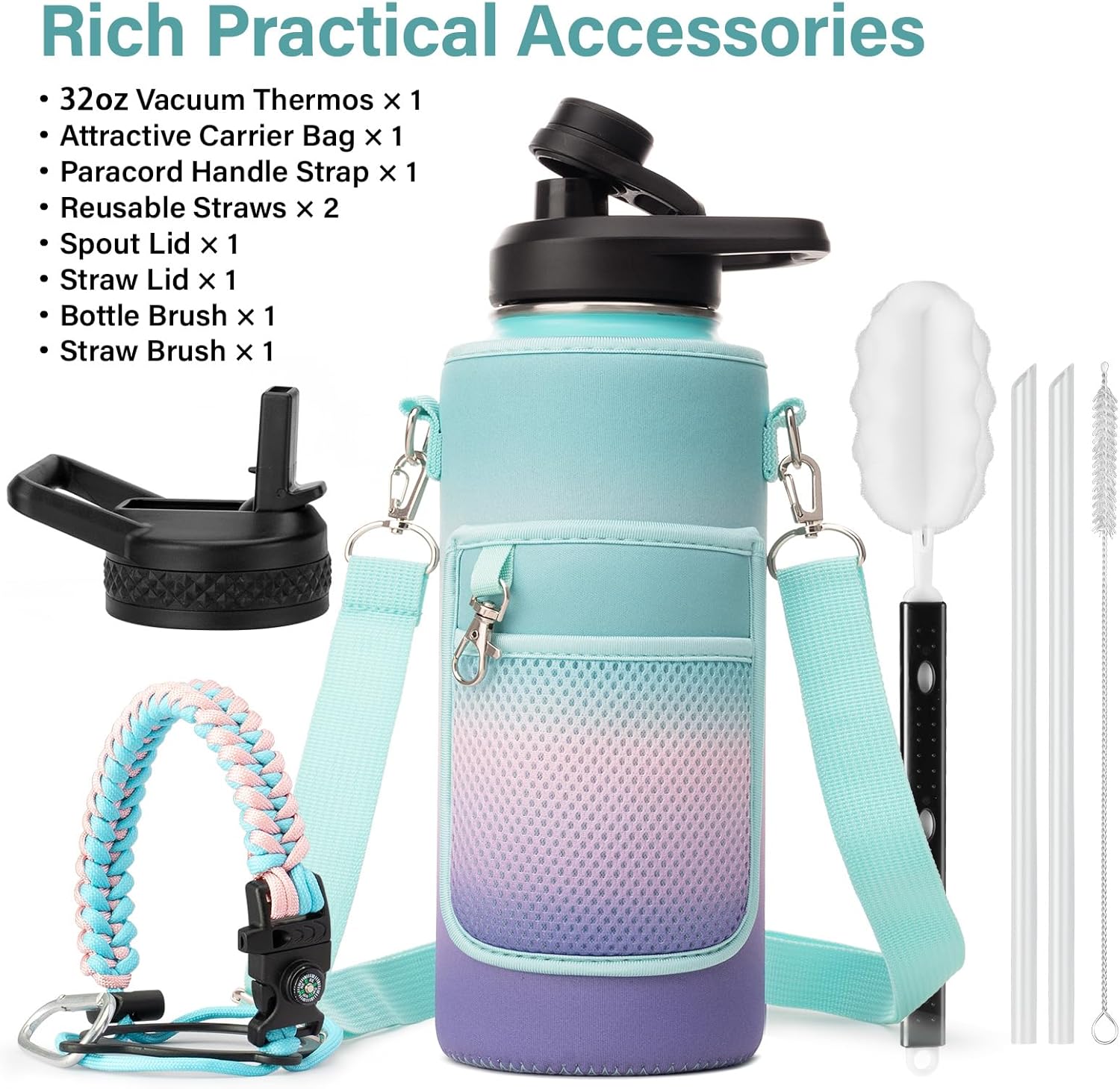 Water Bottle | Thickened Stainless Steel Vacuum Metal | Portable Sports Water Jug for Gym and Hiking with Straw, Carrier Bag, Handle Strap | BPA-Free 32 oz, Black