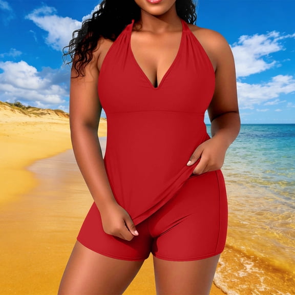 ClodeEU Women's Plus Size Solid Color Tankini Set ,Adjustable Halter Neck Top with Built in Pads ,Cozy Two-Piece Swimsuit Red,Womens Plus XXXXXL