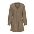 thumbnail image 4 of Lovskoo Sweater Dress for Women Knitwear Lantern Sleeve V-Neck Solid Color Pullover Dress Khaki, 4 of 6
