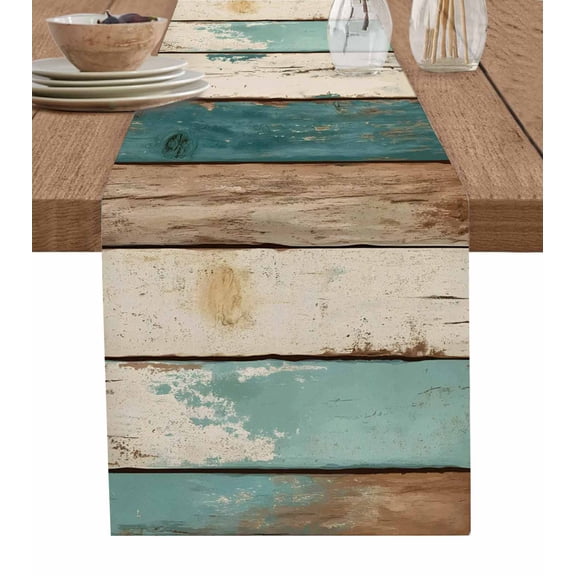 Ldtrchee Farmhouse Teal Brown Table Runner 48 Inches, Retro Ombre Wooden Bed Runner Dresser Scarves Tabletop for Indoor Outdoor Parties/Ceremony/Banquet, 13" x 48"