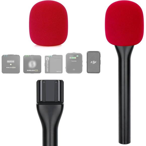 wqlpp-Interview Microphone Handle, Interview GO Handheld Adapter with Pop Filter for RODE Wireless GO II, Wireless PRO, Wireless ME, DJI MIC 2, Convenient for Outdoor Recording (Red Foam)