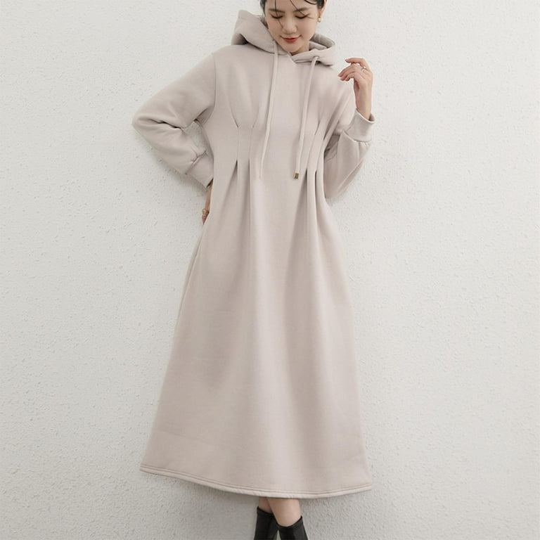 Mrat Flowy Dresses Womens Long Hoodie Dress High Waisted Tunic Thicken Fleece Lined Pullover Sweatshirt Long Dress Princess Dress S-285 Khaki L,
