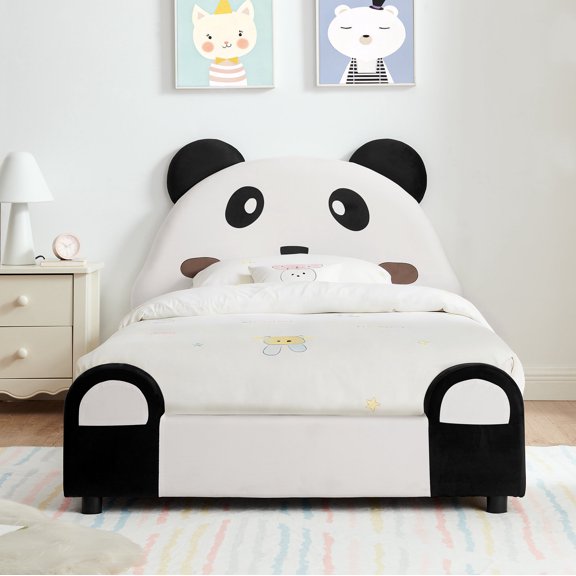 Twin Size Cute Panda-Shaped Kids Bed with Safety Soft Padded Edges, Solid Wood Toddler Bed Frame for Bedroom, Velvet Fabric