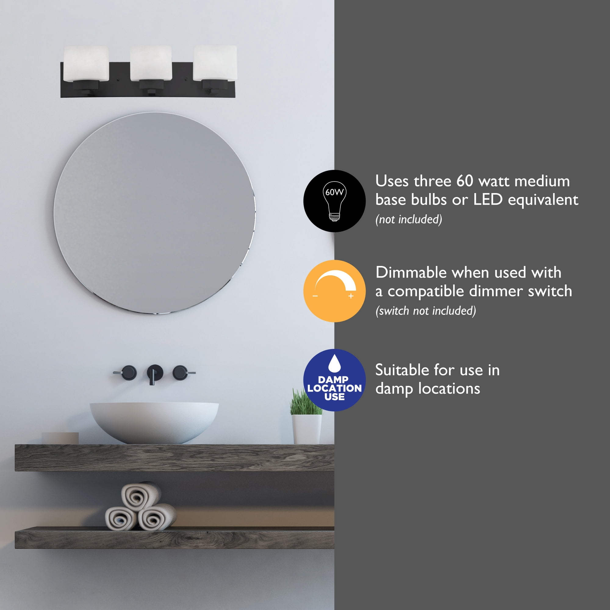 Design House Dove Creek 3-Light Dimmable Bathroom Vanity Light with Frosted Glass, Matte Black