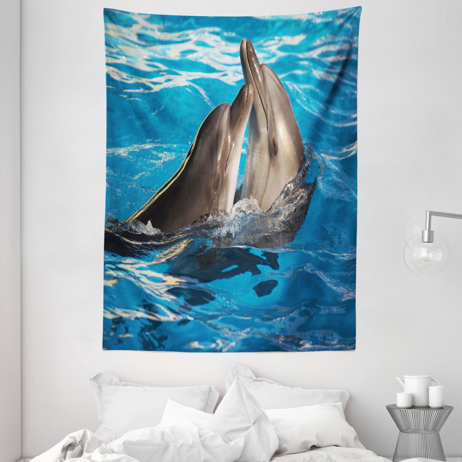 Dolphin Tapestry, Aqua Show Pair of Dolphins Dancing in the Pool Animal