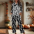 thumbnail image 4 of Womens Halloween Pajamas Casual Full Theme Cute Printed 2 Pc Long Sleeve Pocket Button Down Lapel Shirts Loose Pants Cozy Fall Winter Nightwear Silk Relaxation Women's Loungewear Sets Black L, 4 of 6