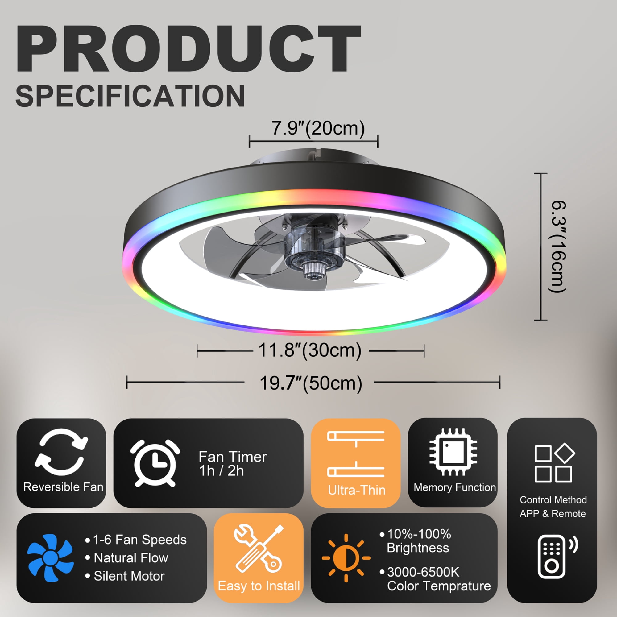 Leumius 19.7" Modern RGB Ceiling Fan with Lights, Flush Mount Low Profile Fan with Remote & APP, 6-Speed Reversible Silent DC Motor, Dimmable 3000-6500K LED for Bedroom Living Room Black