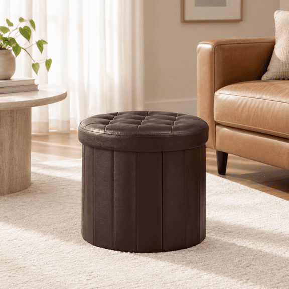 Brown 2 Pack Leather Round Folding Storage Ottoman Foot Rest