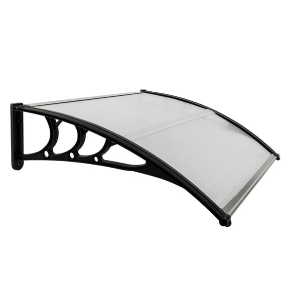 Resenkos 40x32in Clear Panel Door Window Awning, Plastic Bracket and Front Rear Aluminum Strips, Outdoor Sun Rain Shelter for Door Window, Transparent and Black
