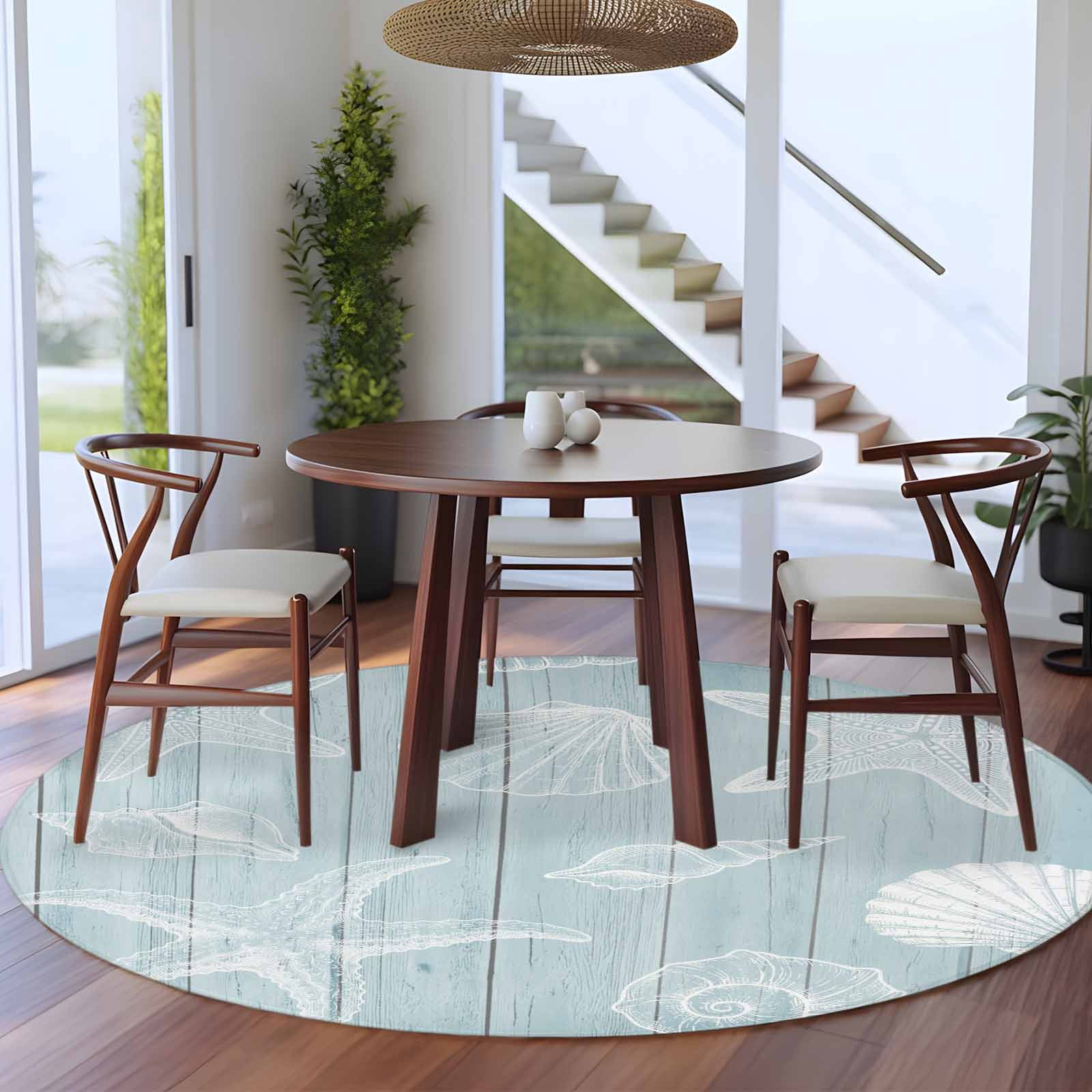Ocean Beach Round Area Rug 7Ft Washable Circle Rugs for Dorm Laundry Room, Summer Coastal Starfish Shell Conch Wooden Green Non-Slip Carpet Floor Mats Indoor Outdoor Carpet Runner Home Decor