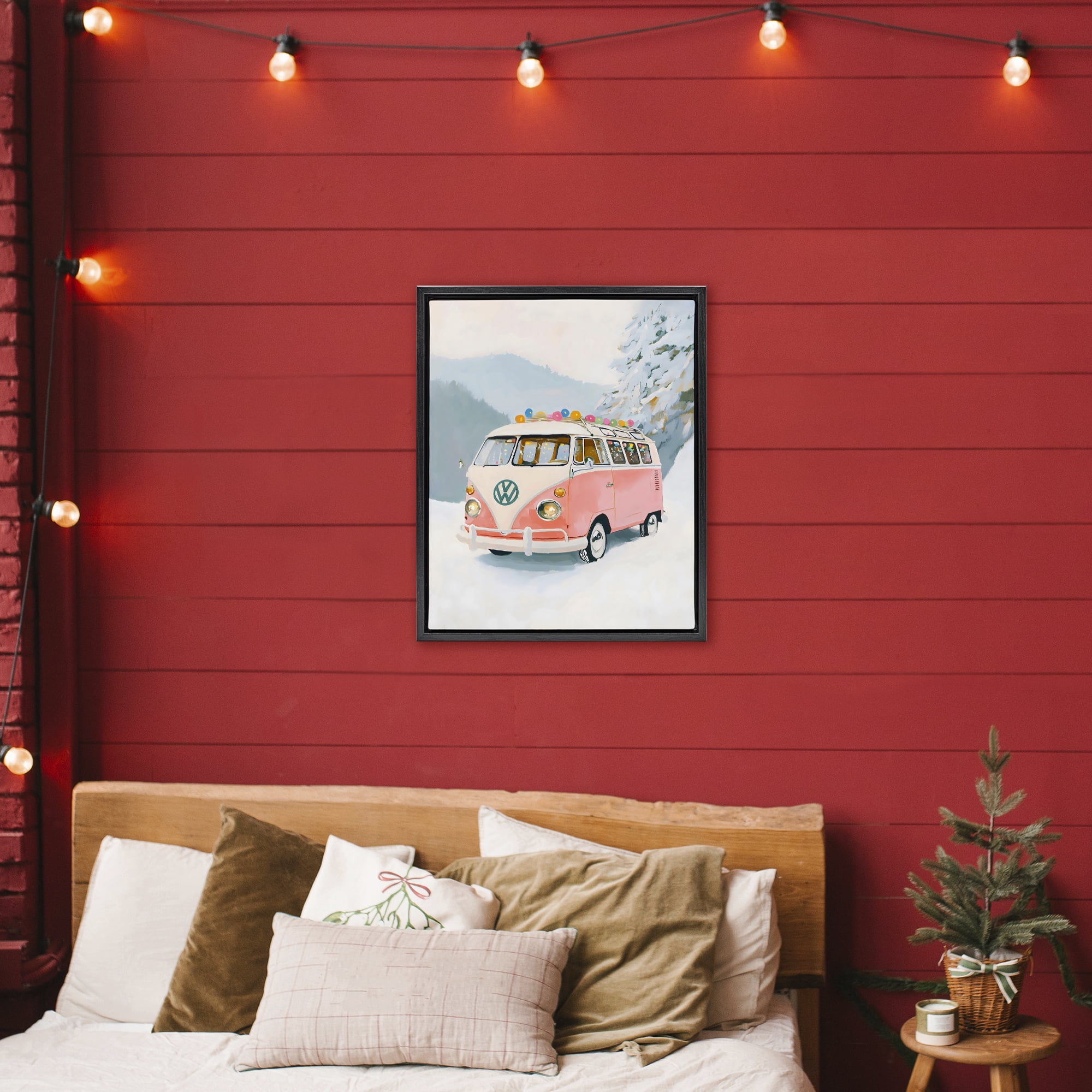 Stupell Industries Pink Christmas Van in Snow Black Framed Floater Canvas Wall Art, design by The Prints Vibe