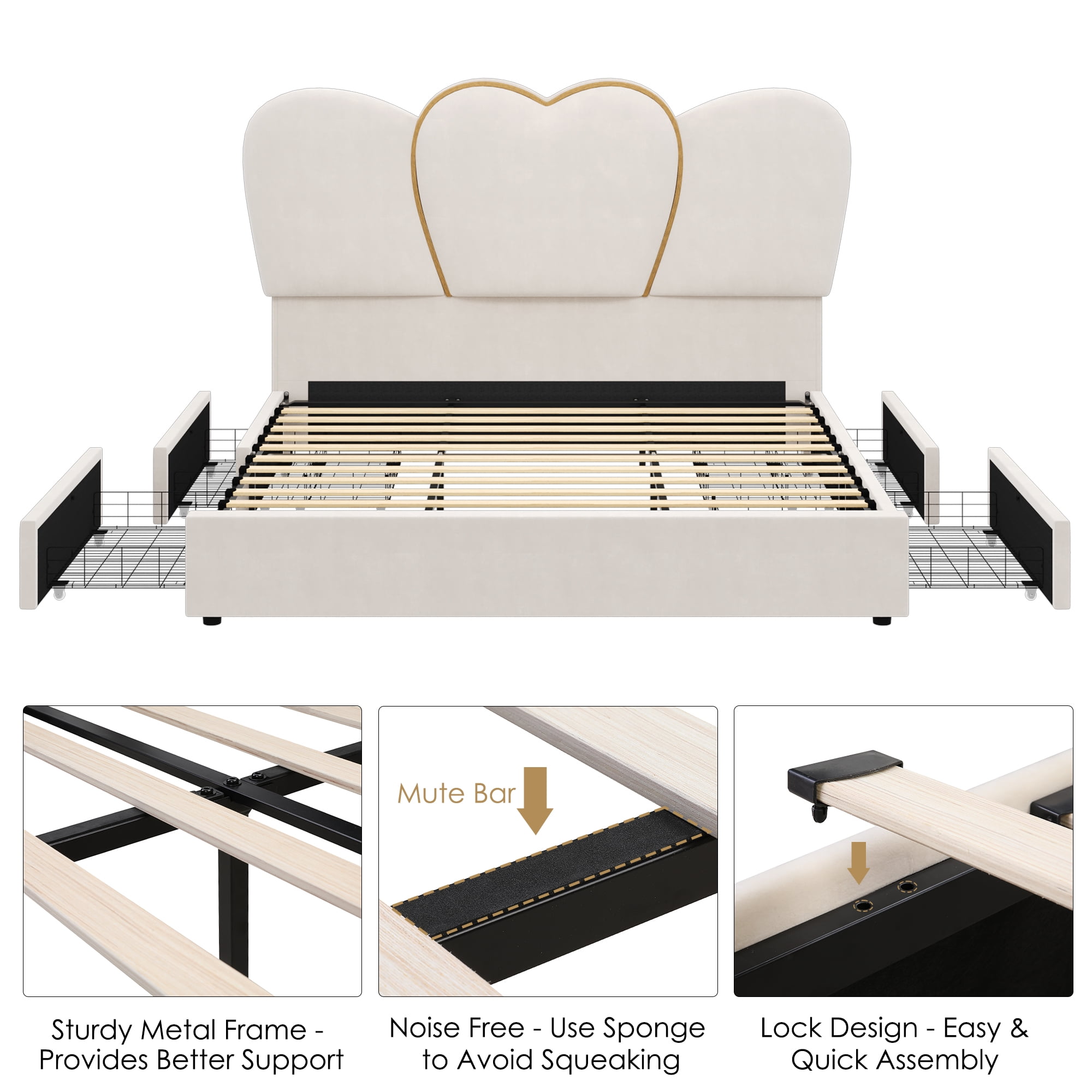 当店在庫してます！ Homfa King Size LED Bed, 4 Storage Drawers, Velvet フェイスクリーム
