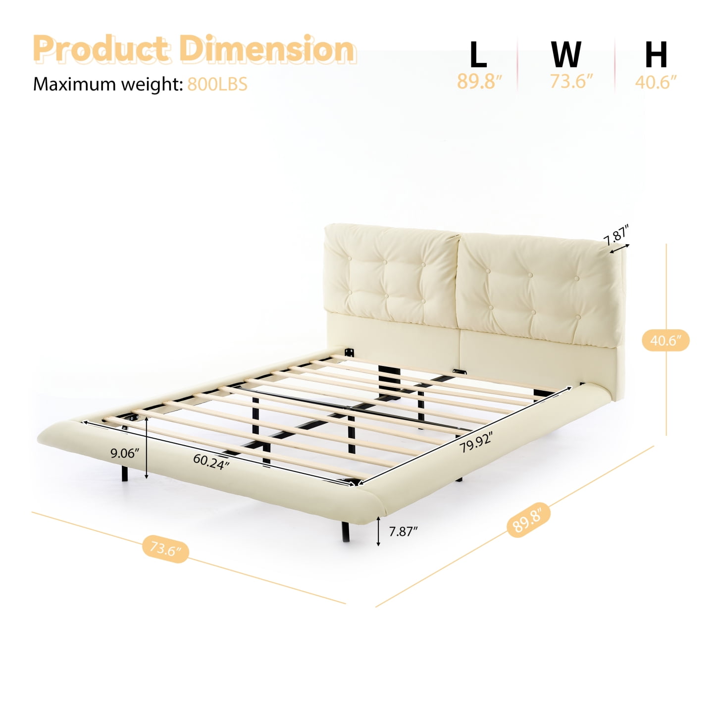 Queen Size Floating Bed Frame with LED Lights, Upholstered Platform Bed with Button Tufted Headboard, No Box Spring Needed, Easy Assembly, White