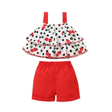 

Fesfesfes Toddler Baby Girls Ruffles Dot Printed Suspender Tops+Shorts Outfits