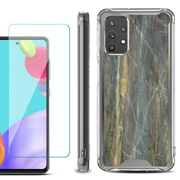 Shockproof Bumper Phone Case for Samsung Galaxy A52 5G, with Tempered Glass Screen Protector, by OneToughShield ® - Marble/Camo