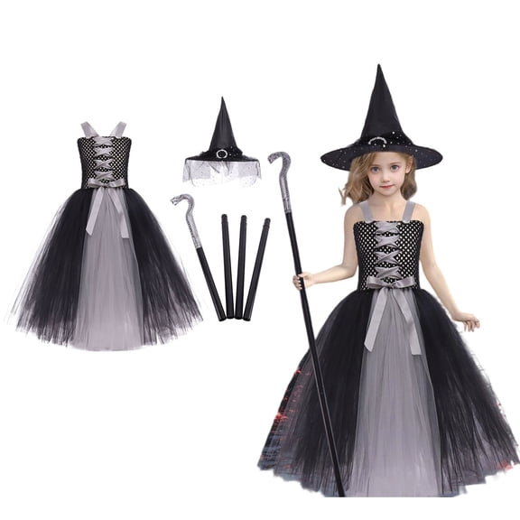 Kids Witch Outfit for Girls Tulle Dress Girl Black Lace Cloak Kids Halloween Outfit Toddler Kids Baby Girls Dress 4-5 Years