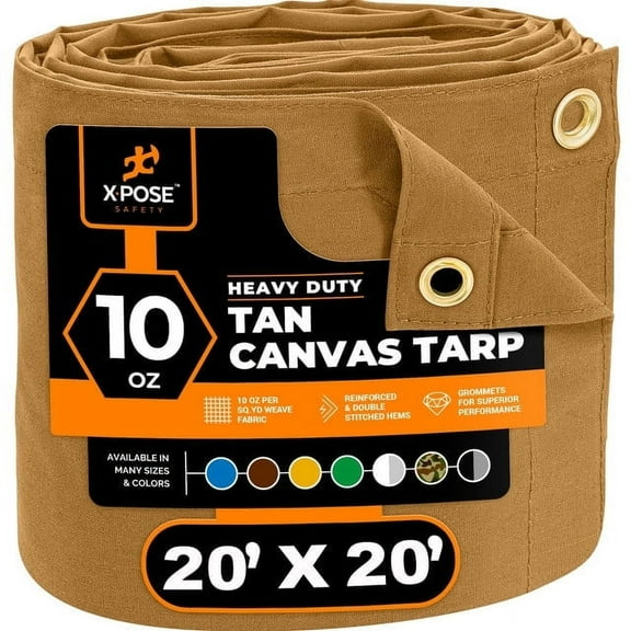 Xpose Safety Canvas Tarp - 10oz Tan Poly Canvas Tarps Heavy Duty Water Resistant with Brass Grommets- Multipurpose Outdoor Tarpaulin for Camping, Canopy, Trailer, Equipment Cover 20' x 20'
