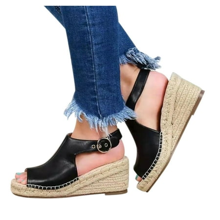 

Inkach European And American Roman Straw Wedge High Heel Fish Mouth Sandals