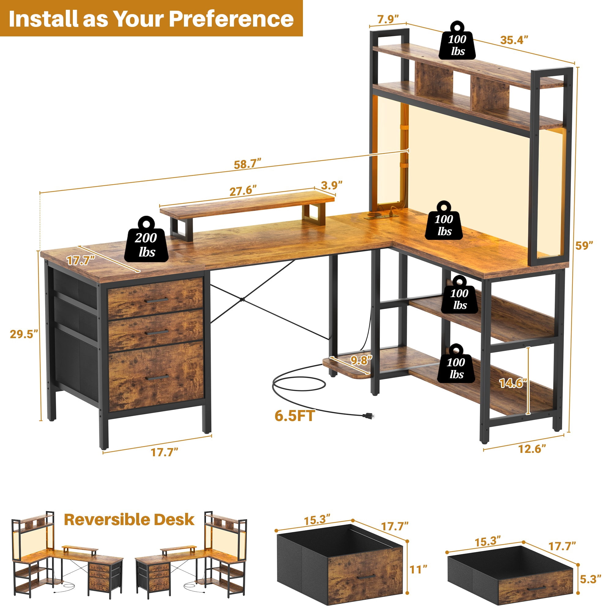 Homieasy L Shaped Desk with Hutch, Gaming Desk with Led Lights, Reversible Computer Desk with Power Outlet, Corner Desk with File Drawer & Monitor Stand, Storage Shelves for Home Office, Rustic Brown