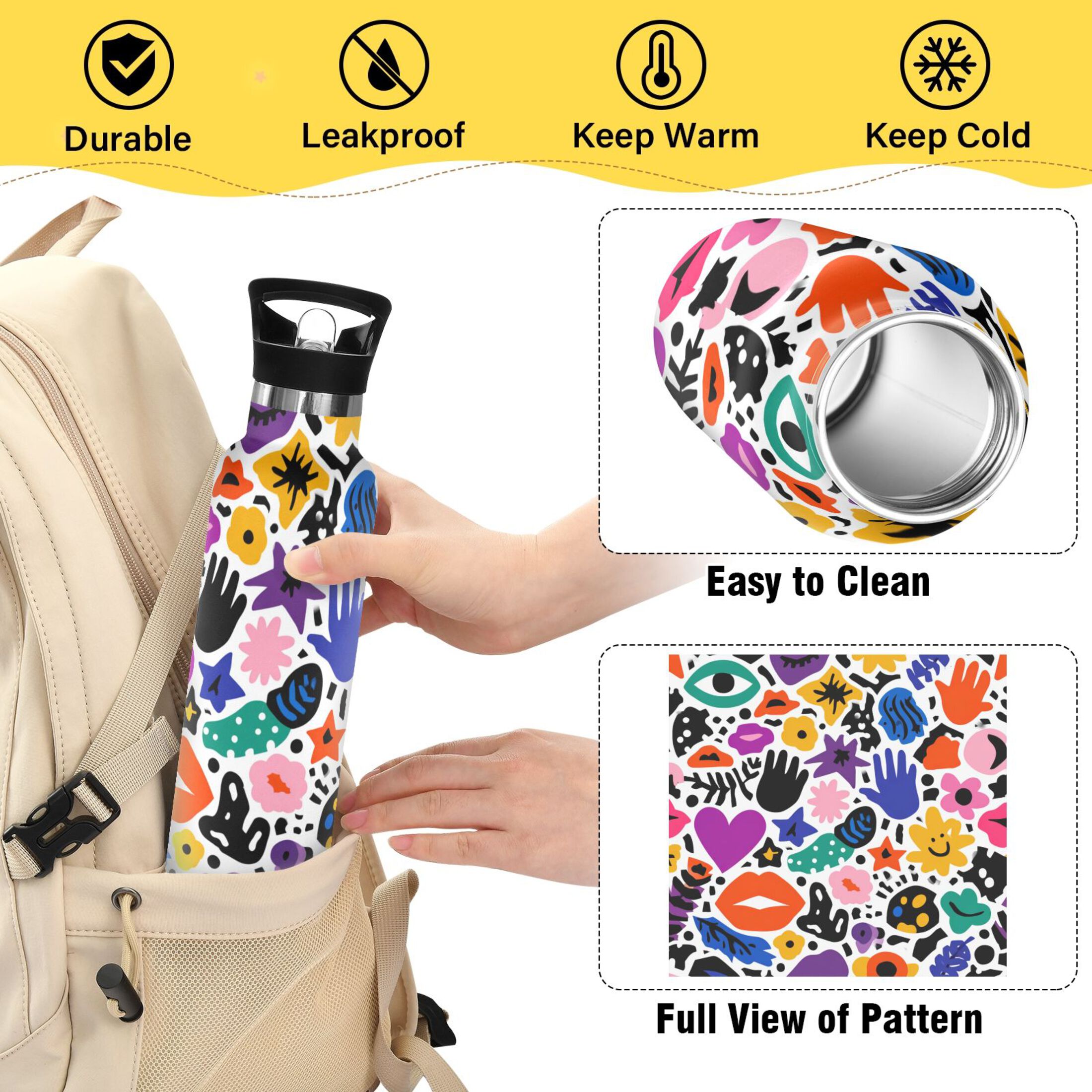 600ML Stainless Steel Insulated Cup Sports Water Bottle Portable Thermos Cup Water Glasses Insulated Tumblers Convenient and Durable Abstract Pattern