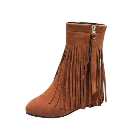 

Fringed Flat Comfortable Solid Heel Boots for Women Booties Zipper Ankle Color Boots for Women Booties Women s Boots Fashion Women s Winter Boots for Women Tan Boots