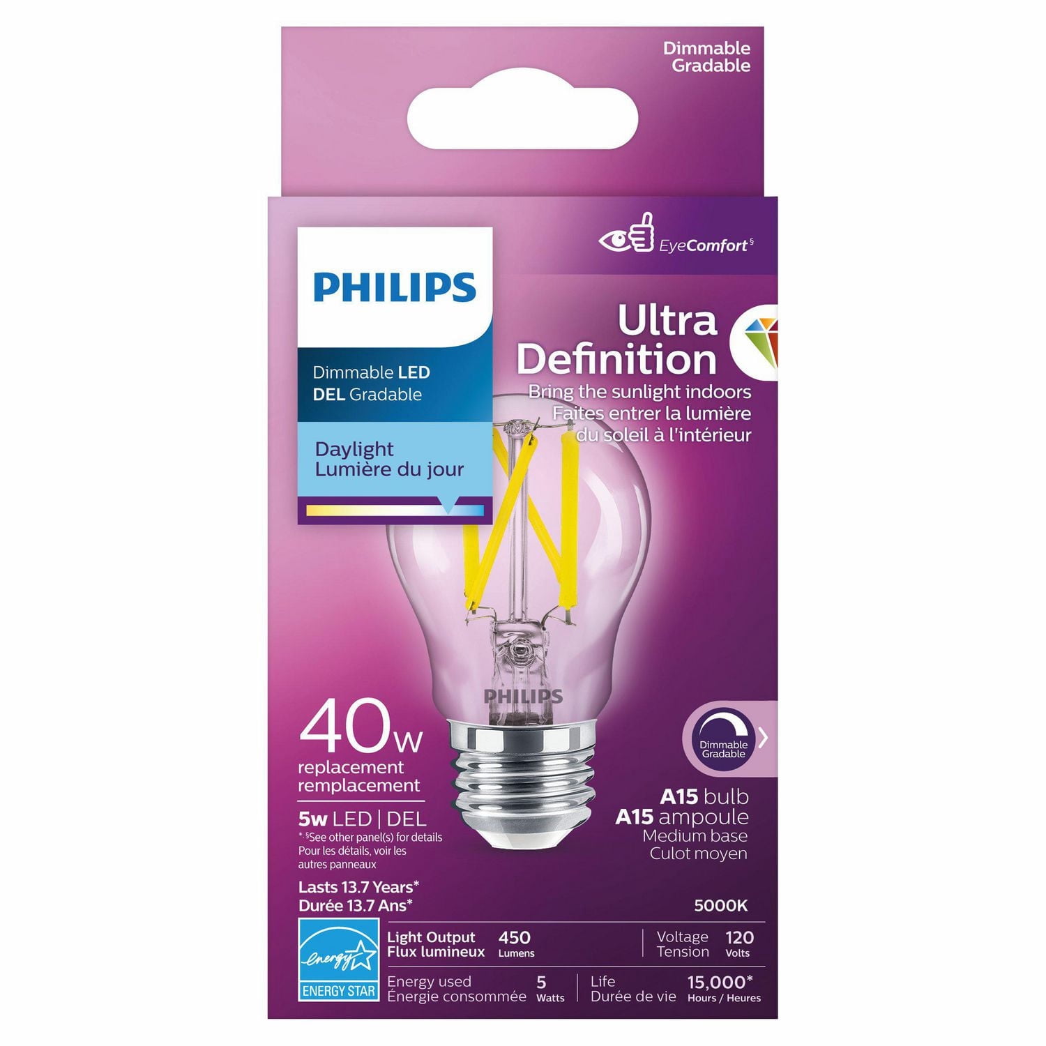 Philips UltraDefinition LED A15 E26 40W Equivalent Energy Saving Light Bulb, Dimmable Daylight (5000K)