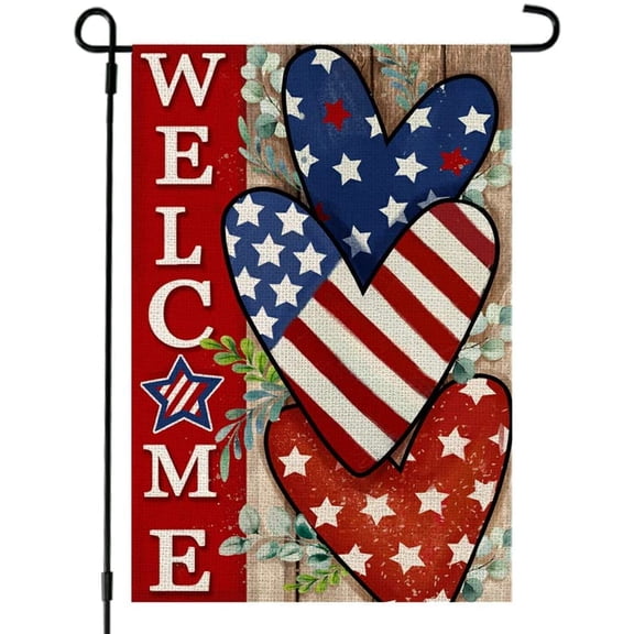 12x18 Double Sided 4th of July Patriotic Garden Flag Welcome USA Flag Red Blue Hearts Memorial Day Independence Day Outside Yard Decor