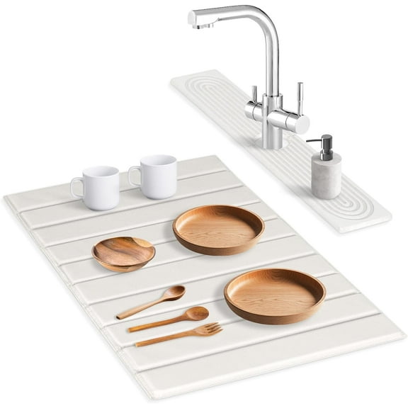 2-in-1 Stone Drying Mat Kit – Faucet Mat for Kitchen Sink & Drying Stone for Countertop, Quick Dry Diatomaceous Earth Dish Mat Set, Foldable & Non-Slip for Dishes & Bottles