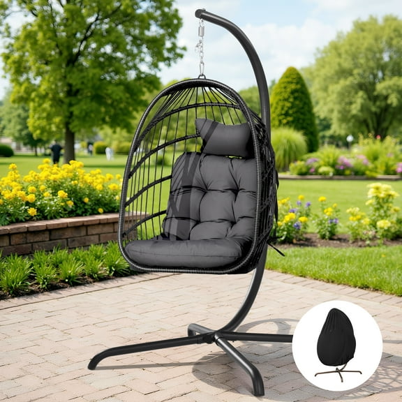 RADIATA Foldable Wicker Hanging Egg Chair With Stand and Cover, Grey 350 lbs Maximum Weight