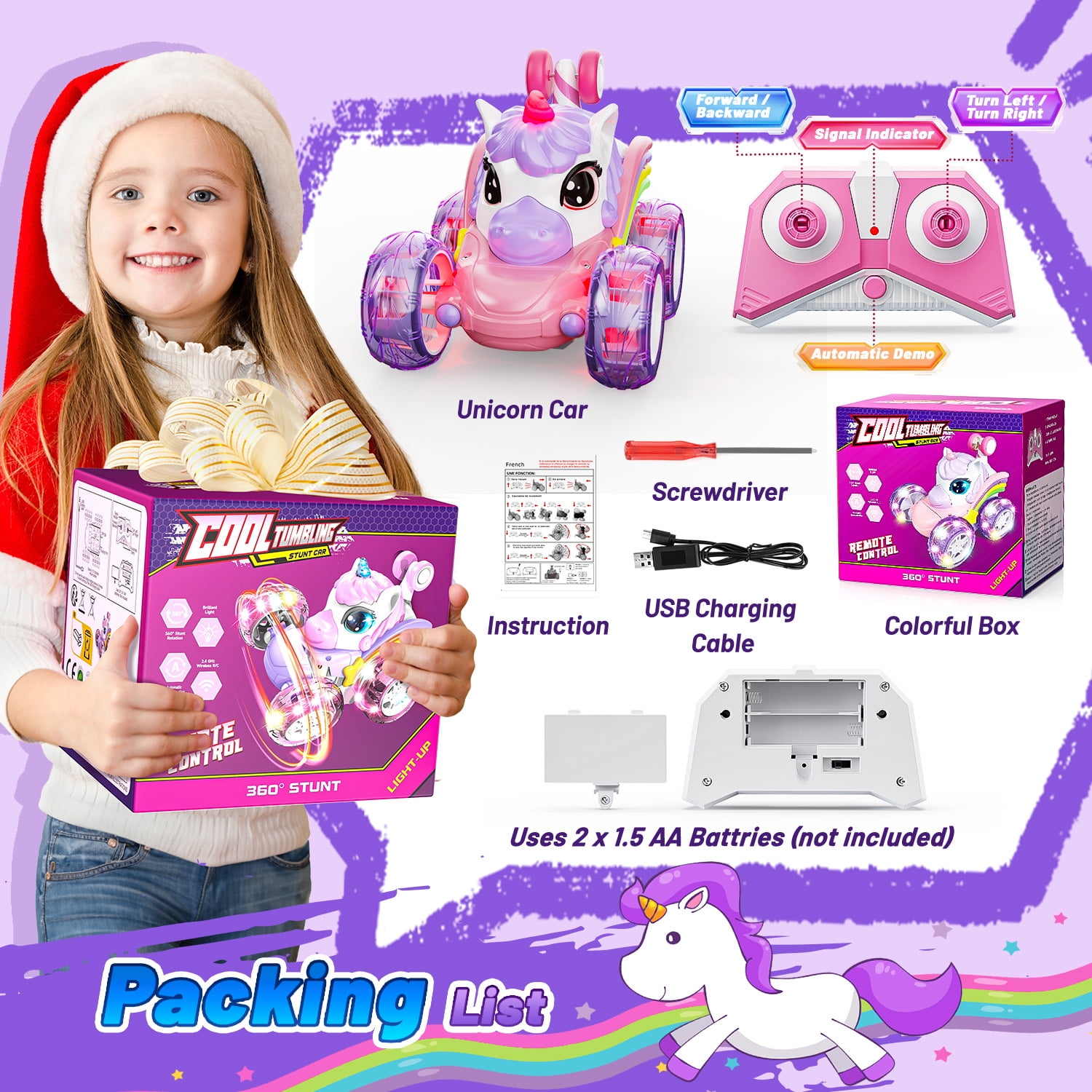 UQN Unicorn Toys for Girls Age 3-6, Remote Control Stunt Cars Toys for Girls, RC Cars for Kids with LED Light, Birthday Gift Toys for Girls Toddlers 3 4 5 6