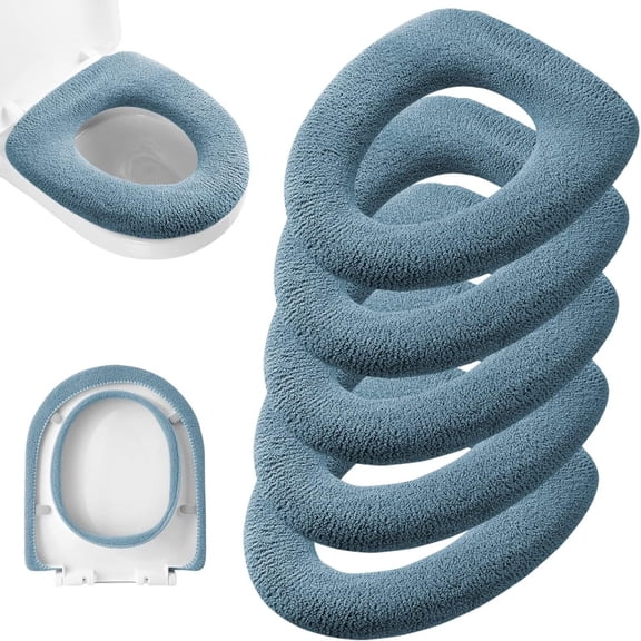 5 Pack Thicker Bathroom Toilet Seat Cover Pads- Soft Warmer Toilet Seat Cushion Cover Stretchable Washable Fiber Cloth, Easy Installation Comfortable Toilet Lid Seat Cover(Knit Elongated Blue)